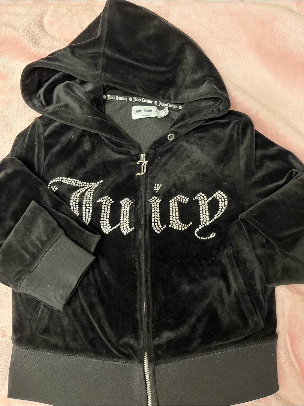 Juicy Couture Black Velour Hoodie with Logo Trim